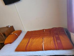 ein Bett mit einer orangefarbenen Bettdecke in einem Zimmer in der Unterkunft Hotel Busch in Wilster in Wilster