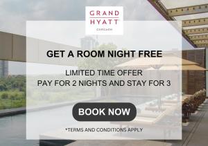 Vous bénéficierez d'une nuit d'hébergement gratuite et illimitée, ainsi que d'un tarif pour les nuits et les séjours dans l'établissement Grand Hyatt Gurgaon, à Gurgaon