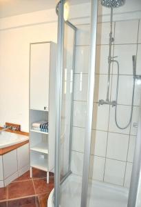 W łazience znajduje się prysznic ze szklanymi drzwiami. w obiekcie Ferienwohnung, wenige Minuten vom Wörthersee w mieście Schiefling am See