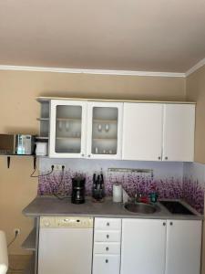 - une cuisine avec des placards blancs et un évier dans l'établissement Liliána Apartman Siófok, à Siófok