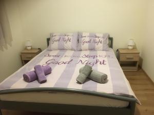 ein Bett mit drei Kissen und eine gute Nacht darauf geschrieben in der Unterkunft Apartment Katarina in Rijeka