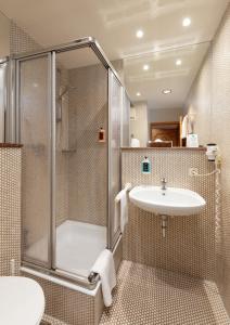 ein Badezimmer mit Dusche und Waschbecken in der Unterkunft Hotel Riesengebirge in Neuhof an der Zenn