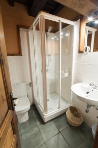 a bathroom with a shower and a toilet and a sink at Mirador De Picos in Aliezo