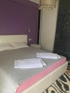a bedroom with a bed with two towels on it at Viki Apartments in Strumica