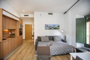 a living room with a bed and a kitchen at Apartament al cor del barri vell de Girona in Girona