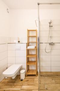 a bathroom with a toilet and a shower at Apartamenty Tęsknoty 10 in Dziwnów +24 photos