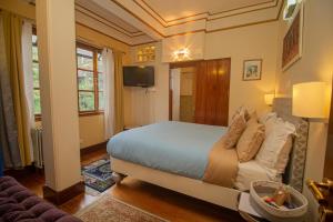 甘托克的住宿－Amritara 5 BHK Luxury Villa, Gangtok，一间卧室配有一张床、一张沙发和一台电视