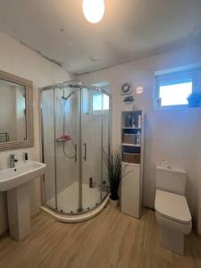 a bathroom with a shower and a toilet and a sink at Cozy Room near City Centre in Manchester