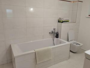 a white bathroom with a tub and a toilet at Sunset House Piešťany Červená Veža in Banka +41 photos