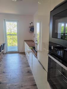 a kitchen with a television on a counter with a wooden floor at Sunset House Piešťany Červená Veža in Banka