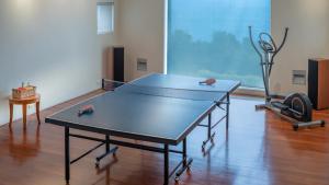 a ping pong table in a room with a gym at Villa Viman in Kathu
