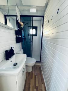 La salle de bains blanche est pourvue de toilettes et d'un lavabo. dans l'établissement Waterview - Schwimmendes Ferienhaus auf dem Wasser mit Blick zur Havel, inkl Motorboot zur Nutzung, à Fürstenberg-Havel
