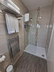 a bathroom with a shower and a toilet at Corona Blackpool in Blackpool