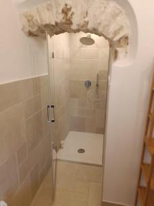 y baño con ducha y puerta de cristal. en Arcaroli Borgo Vico "Exclusive" en Vico del Gargano