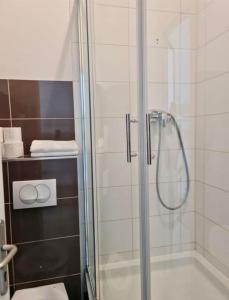 a shower with a glass door in a bathroom at BISHNU HOSTEL in Zagreb