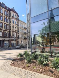 a glass building with plants in front of a street at Mostowa 23 HUGO Apartment, self check-in 24h, free parking, air-conditioning in Poznań