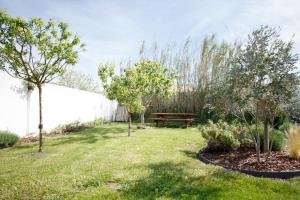un jardín con un banco de madera y dos árboles en Maison 3 chambres plus 1 studio indépendant, en Sainte-Marie-de-Ré