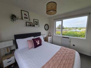 Pine Lodge @Puffin Lodges في Chwilog: غرفة نوم بسرير كبير ونافذة