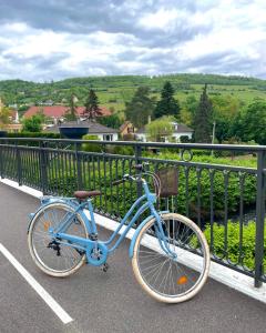 a blue bike is parked next to a fence at Hôtel L'Ours De Mutzig in Mutzig