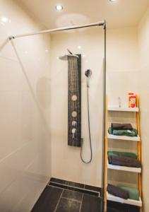 a shower in a bathroom with a shower curtain at Moderne Wohnung in Neuwied City - fußläufig zum Rhein in Neuwied