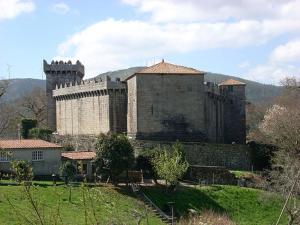 Vimianzo的住宿－Pensión Vázquez，一座位于绿色田野顶部的大型城堡