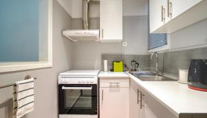 eine kleine Küche mit weißen Schränken und einem Waschbecken in der Unterkunft Alopekis in Athen