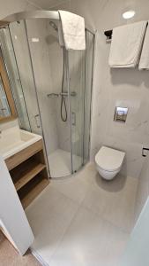 a bathroom with a shower and a toilet and a sink at Homefield Lodge in London