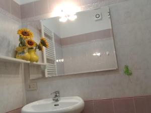 a bathroom with a sink and a mirror and flowers at La casa dei Nonni in Treiso