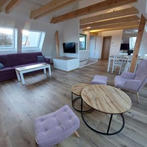a living room with a couch and a table and chairs at Apartmány Phlora in Lysice