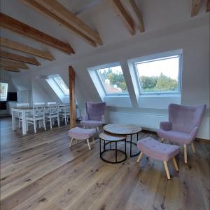 Habitación con sillas, mesa y ventanas. en Apartmány Phlora en Lysice