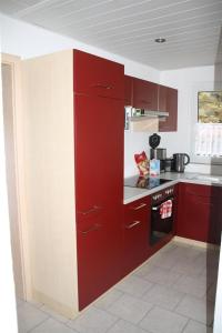 a kitchen with red cabinets and a stove at Dogge, Ferienwohnung in Celle