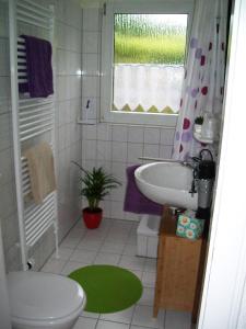 a bathroom with a sink and a toilet and a window at Dogge, Ferienwohnung in Celle