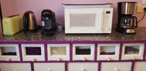 um balcão de cozinha com micro-ondas e electrodomésticos em gîtes de Calistane em Saint-Vincent-de-Mercuze