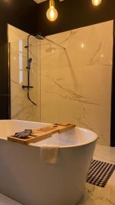 uma banheira branca na casa de banho com um chuveiro em N9 APPARTEMENT DE CHARME **** MORLAIX em Morlaix