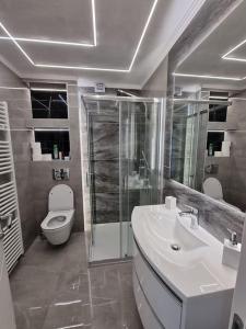 un bagno con wc, lavandino e doccia di Apartman Nika a Sesvete