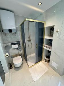 a bathroom with a shower and a toilet at Madonna suites in Split