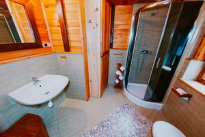 a bathroom with a sink and a shower at Domek w lesie, nocleg na Lubelszczyźnie in Sosnówka +21 photos