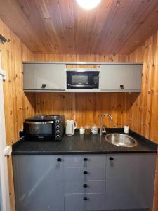a small kitchen with a sink and a microwave at Taigh Beag in Inverlochy