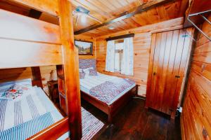 een slaapkamer met 2 stapelbedden in een houten hut bij Domek w lesie, nocleg na Lubelszczyźnie in Sosnówka