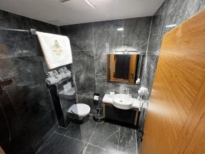 Hotel Belen Fahrenkrug في فاهْرينكروغ: حمام مع حوض ومرحاض