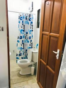 a bathroom with a toilet and a shower curtain at Tulivu House -2bedroom vacation home close to the beach in Dar es Salaam