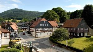 uma cidade com casas e uma rua com uma montanha em Landhotel Quirle-Häusl em Waltersdorf