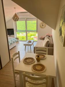 Vista apart Pluzine في بلوزين: غرفة معيشة مع طاولة وأريكة