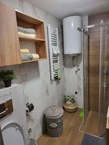 uma pequena casa de banho com chuveiro e WC em Divčibare_sunrise em Divčibare
