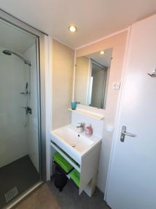 een badkamer met een wastafel en een spiegel bij Campingland Ostsee - Mobilheim 77Steinküste in Schashagen