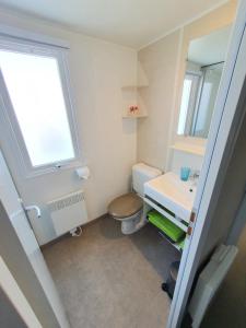 een kleine badkamer met een toilet en een wastafel bij Campingland Ostsee - Mobilheim 77Steinküste in Schashagen