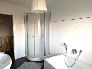 La salle de bains est pourvue d'une douche et d'un lavabo. dans l'établissement Idyllisches Zuhause nahe Verden, à Dörverden
