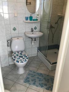 a bathroom with a toilet and a sink and a shower at Dom Sandi Dziwnowek in Dziwnówek