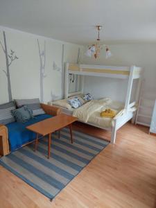 a bedroom with a bunk bed and a table at Apartmá U rybníčku in Dolní Dunajovice