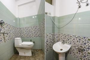 two pictures of a bathroom with a toilet and a sink at FabHotel Royal Stay Inn in Allahābād